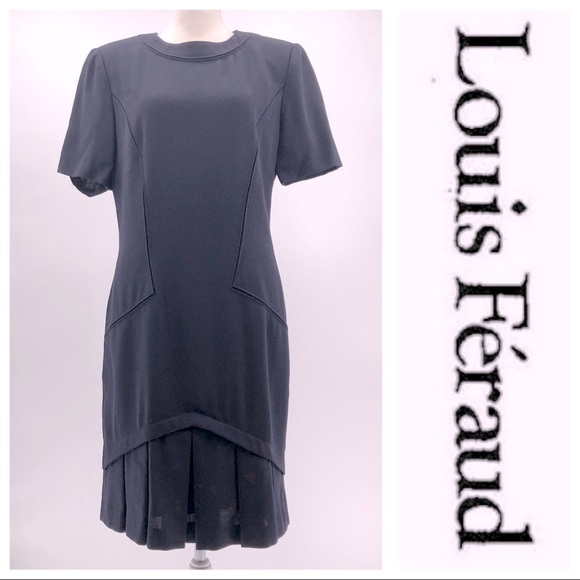 LOUIS FERAUD Navy Blue Midi Dress Short Sleeve Box Pleat Hem Vintage Size 6 - Picture 1 of 9